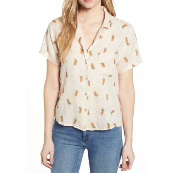 RAILS S Linen Pineapple Button down blouse - Picture 2 of 5